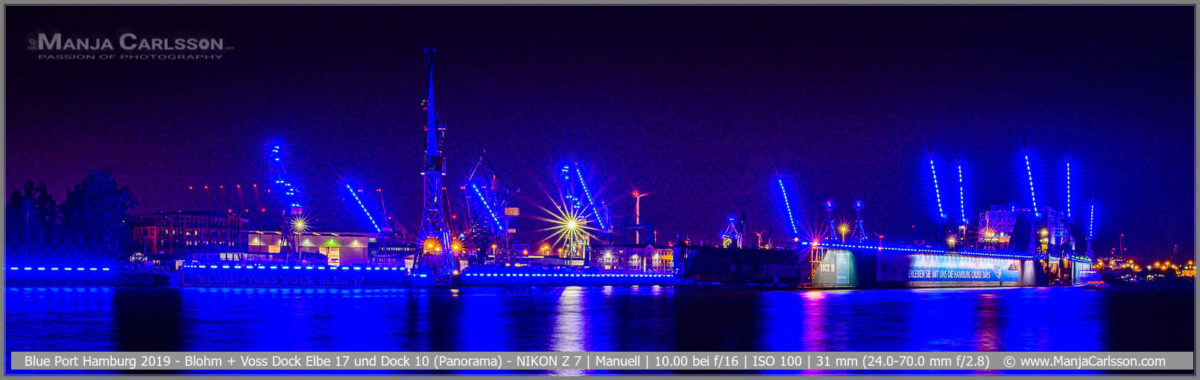 Blue Port Hamburg 2019 - Panoramablick auf Blohm + Voss Dock Elbe 17 und Dock 10 bis hin zum Hamburger Container Hafen