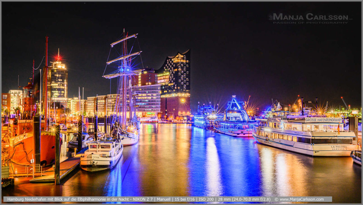 Hamburg Niederhafen mit Blick auf die Elbphilharmonie in der Nacht