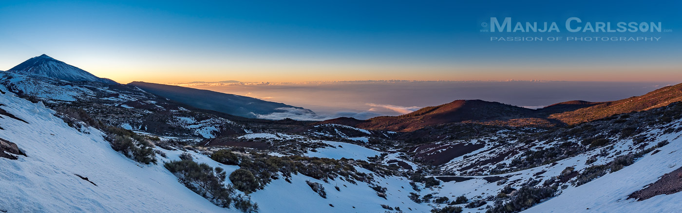 Panoramablick von der Izaña auf das Orotavatal (Teneriffa) kurz nach Sonnenuntergang